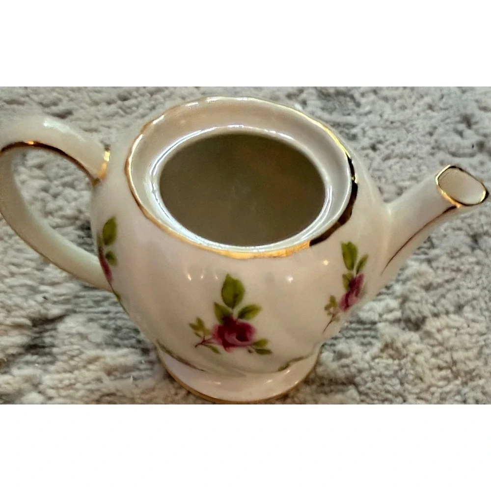 Sadler England Miniature Teapot Vintage Pink Rose Gold Gilt Swirl Bone China